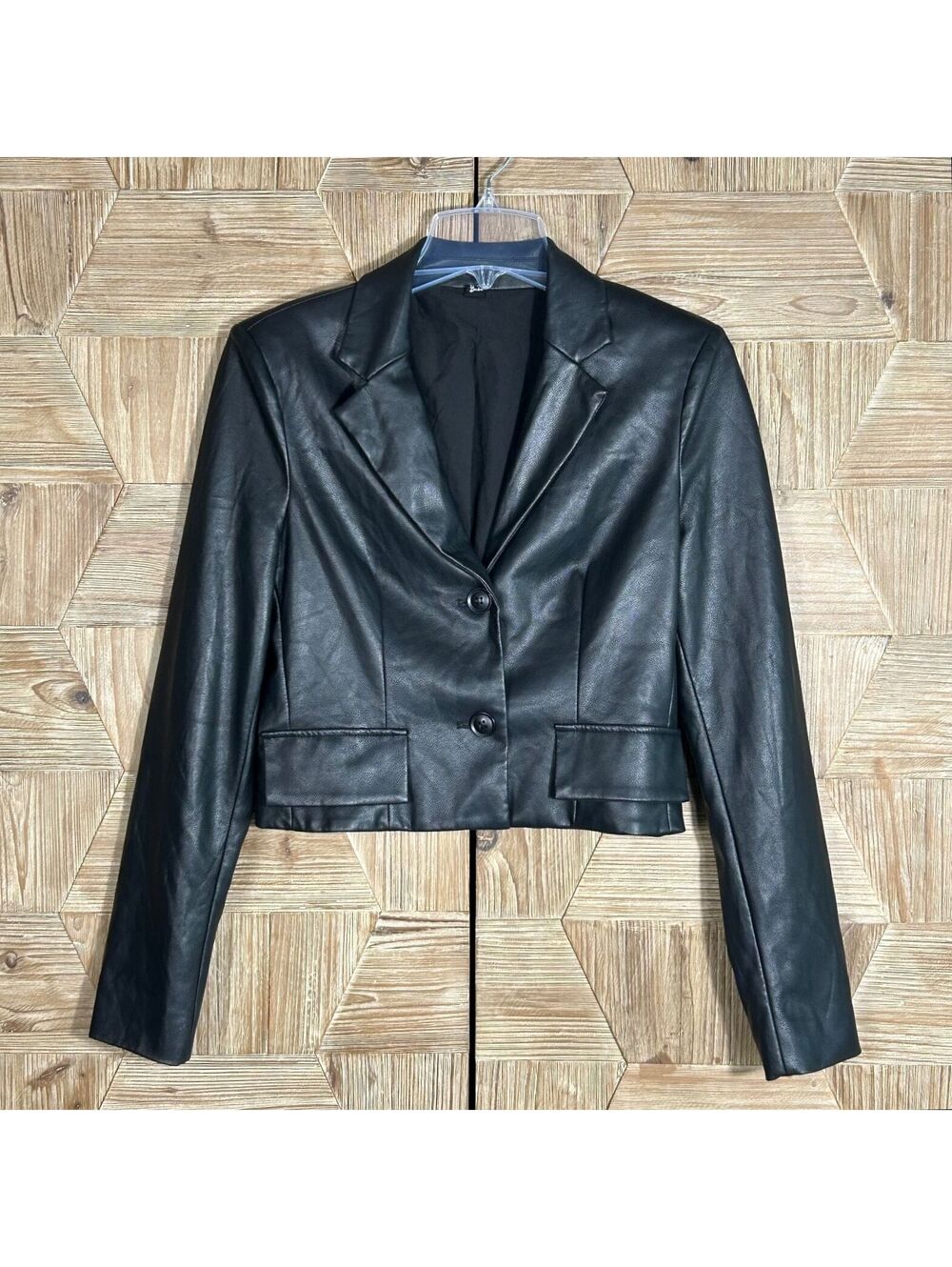Hey Babe Faux Leather Cropped Blazer Jacket Black Small Vegan Edgy Moto Style
